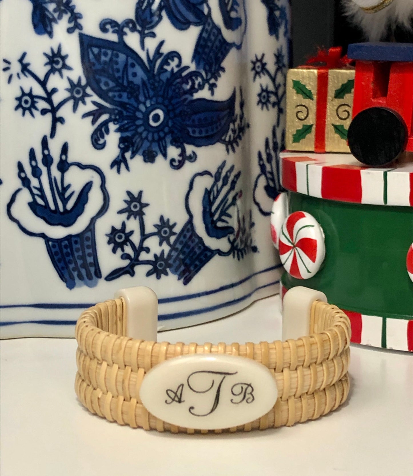 3/4” Custom Nantucket Basket Bracelet with Corian Oval and End Caps
