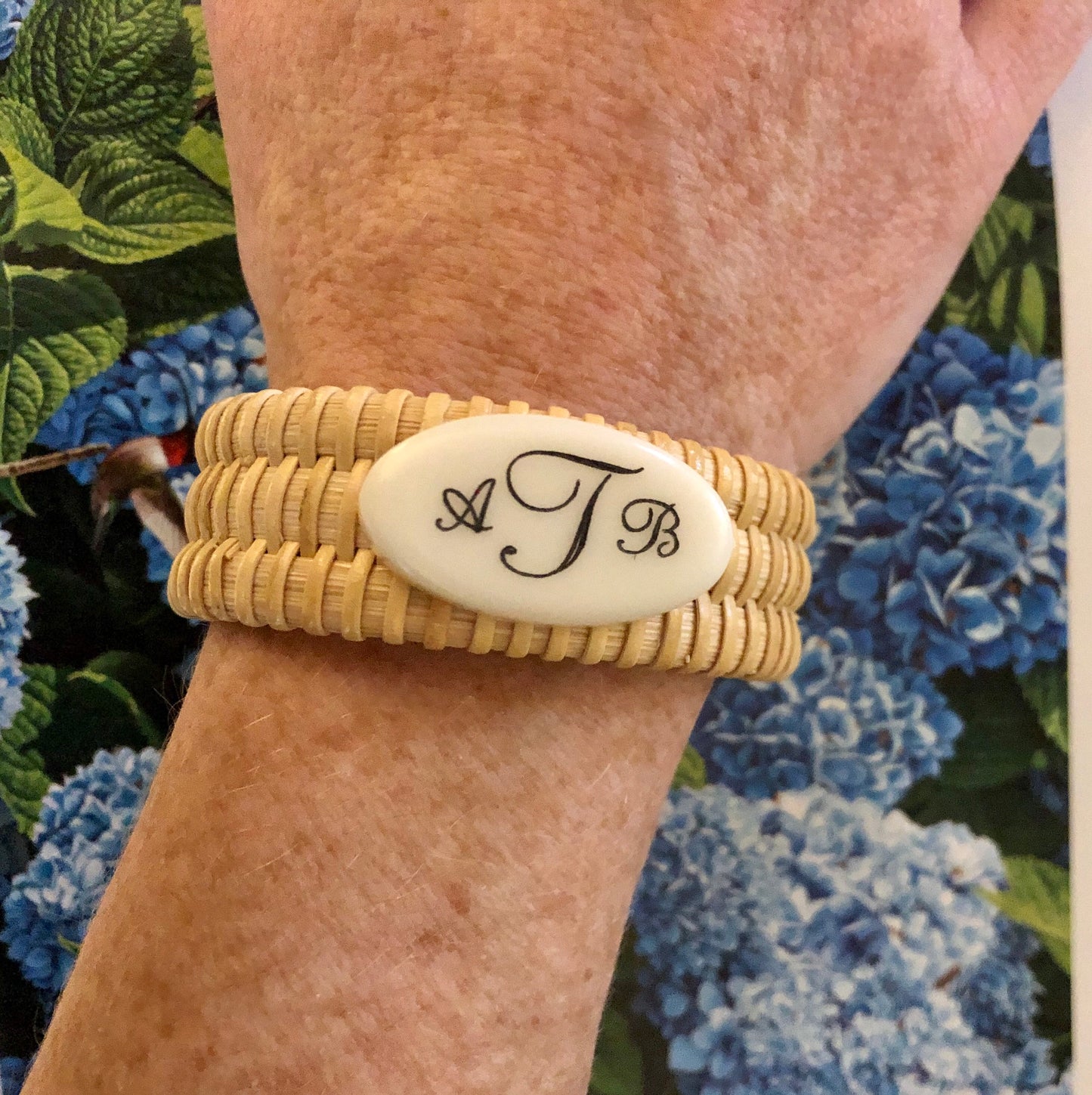 3/4” Custom Nantucket Basket Bracelet with Corian Oval and End Caps