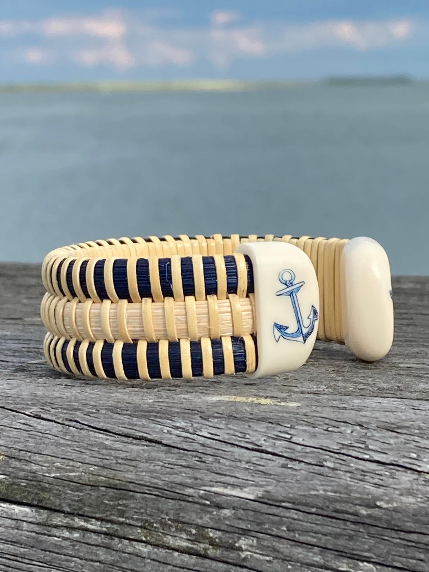 3/4” Acrylic- Nantucket Lightship Basket Bracelet - Navy Stripes and Anchor