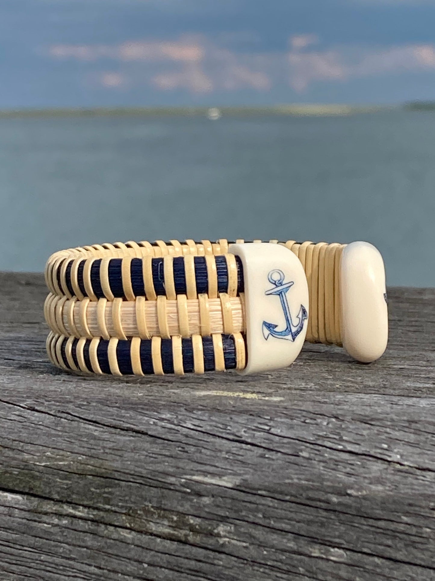 3/4” Acrylic- Nantucket Lightship Basket Bracelet - Navy Stripes and Anchor