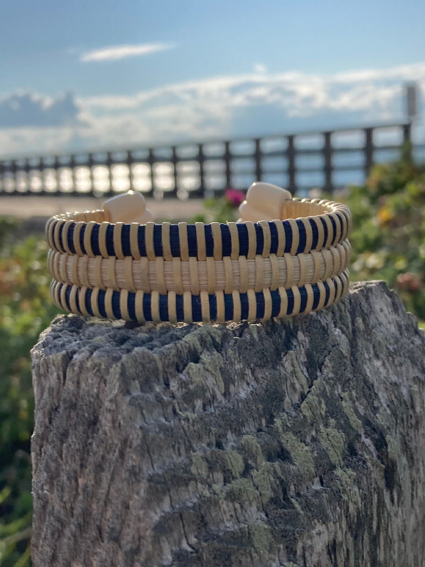 3/4” Scallop Shell Cuff with Navy or Black Stripes - Nantucket Basket Bracelet with End Caps