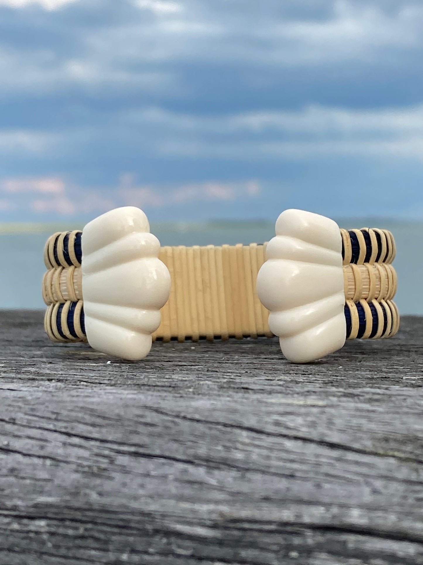 3/4” Scallop Shell Cuff with Navy or Black Stripes - Nantucket Basket Bracelet with End Caps