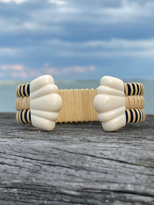 3/4” Scallop Shell Cuff with Navy or Black Stripes - Nantucket Basket Bracelet with End Caps