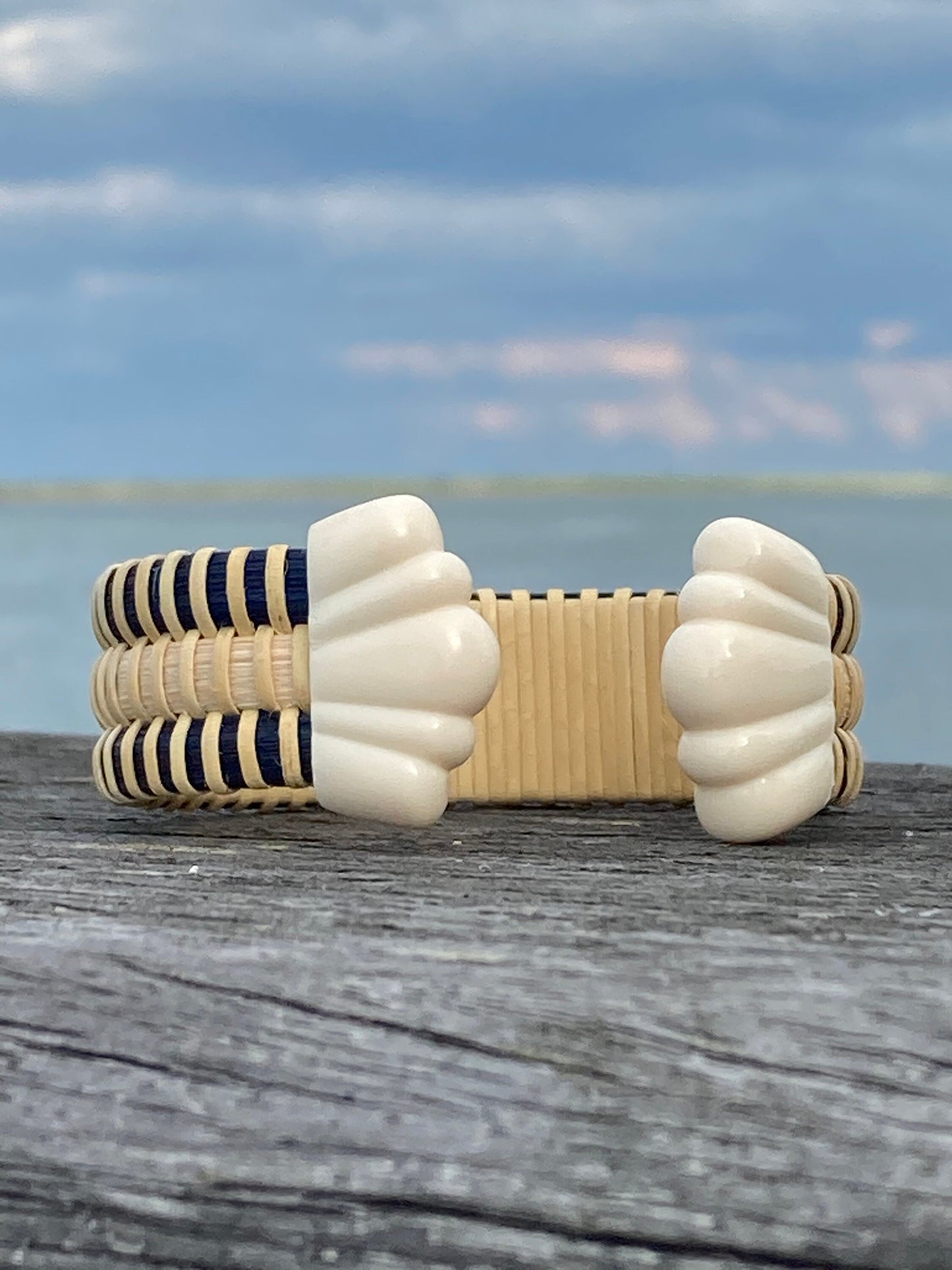 3/4” Scallop Shell Cuff with Navy or Black Stripes - Nantucket Basket Bracelet with End Caps
