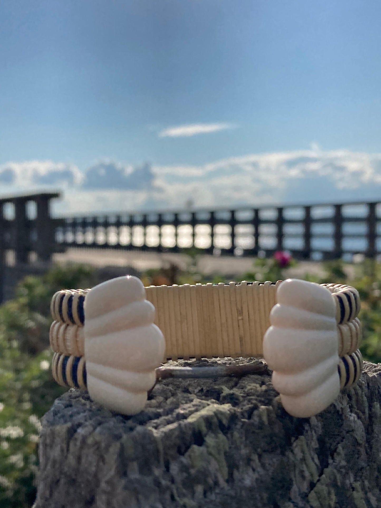 3/4” Scallop Shell Cuff with Navy or Black Stripes - Nantucket Basket Bracelet with End Caps