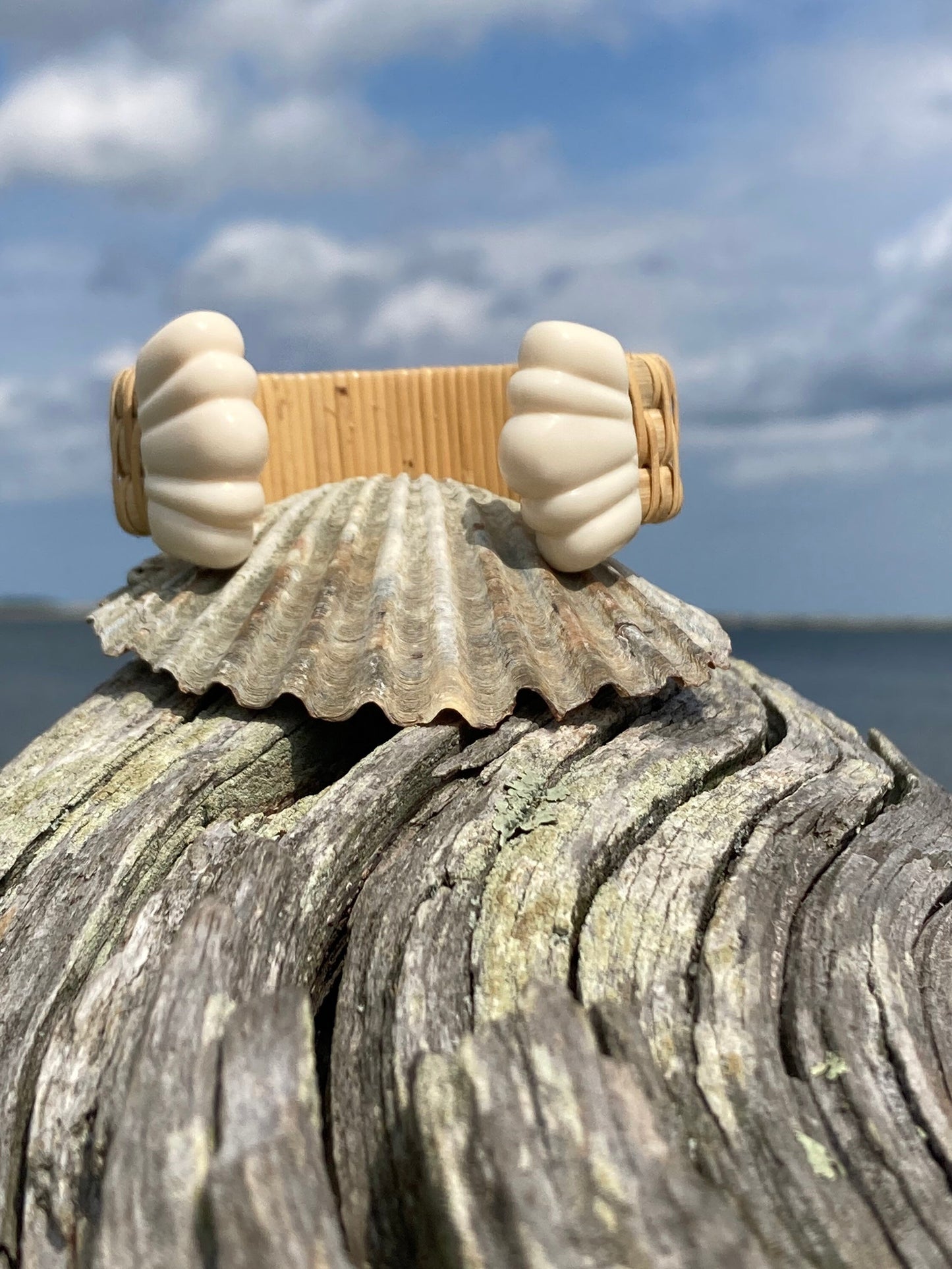 3/4” Spiral Weave Cuff with Scallop Shell End Caps - Nantucket Basket Bracelet
