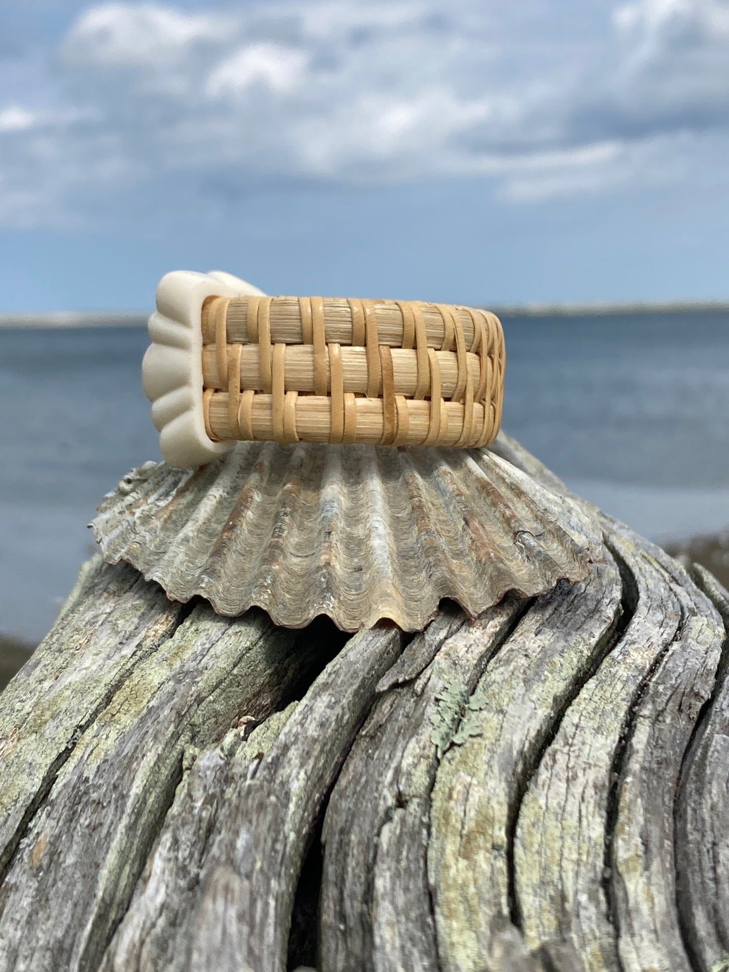 3/4” Spiral Weave Cuff with Scallop Shell End Caps - Nantucket Basket Bracelet