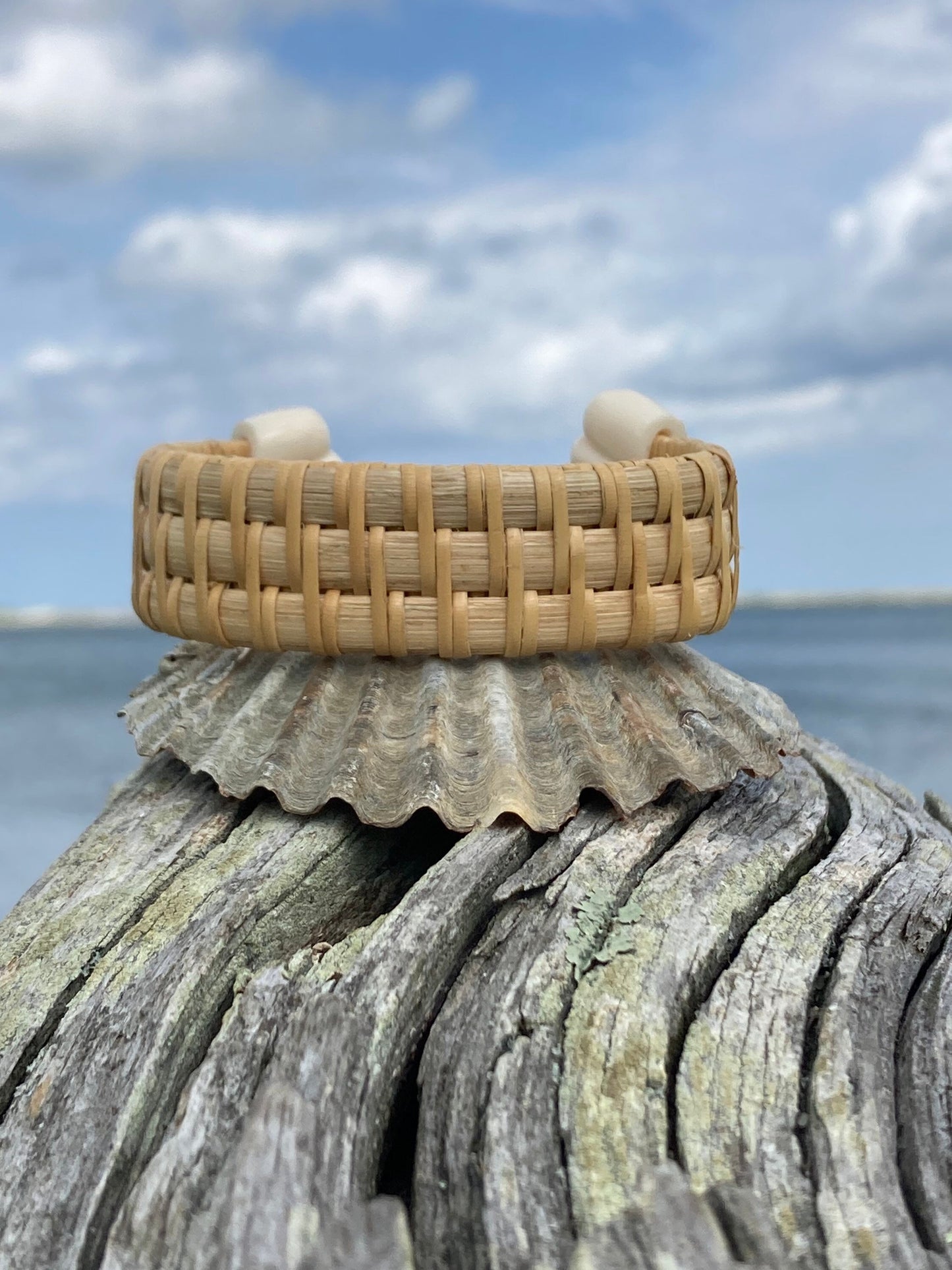 3/4” Spiral Weave Cuff with Scallop Shell End Caps - Nantucket Basket Bracelet