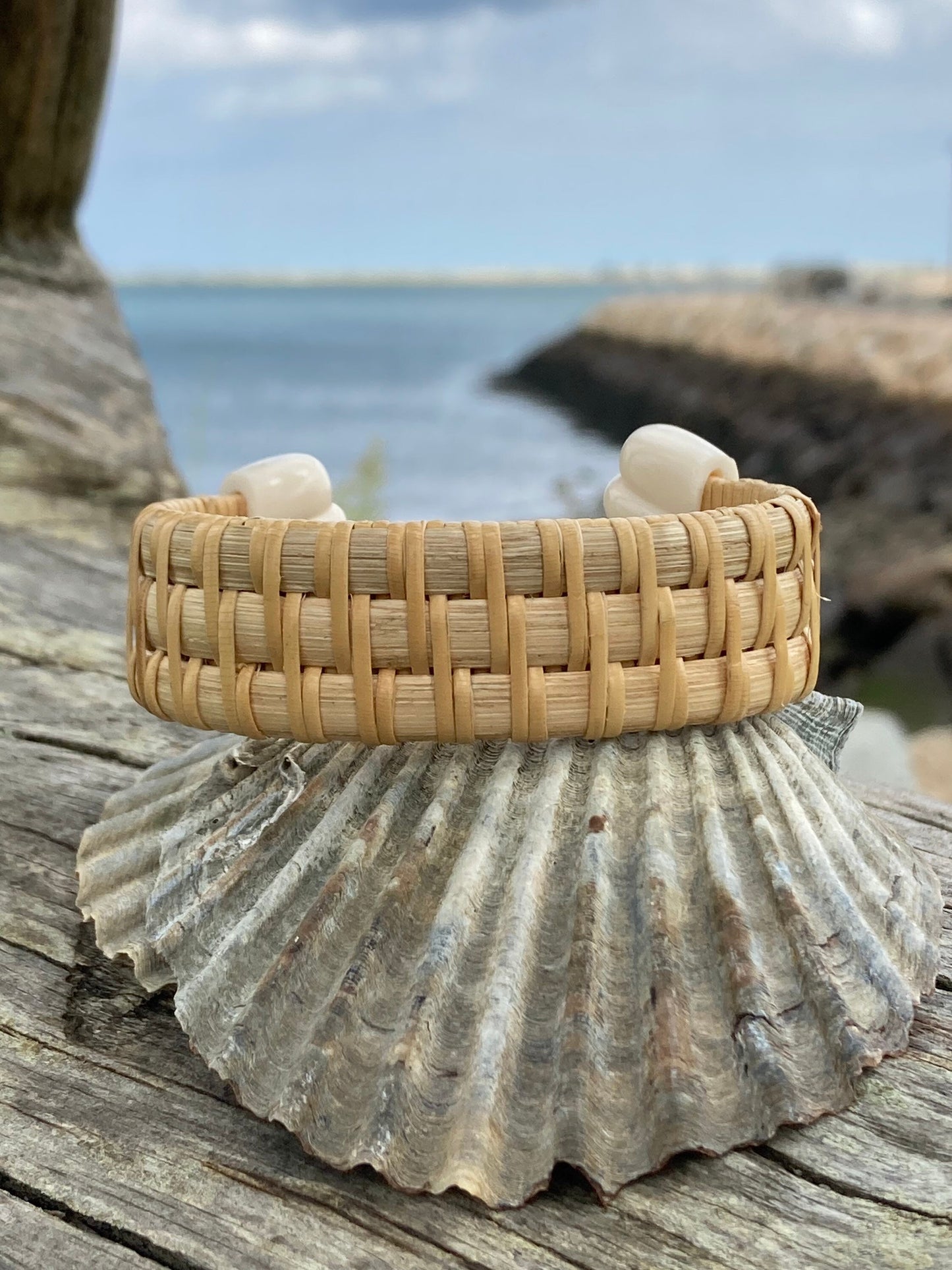 3/4” Spiral Weave Cuff with Scallop Shell End Caps - Nantucket Basket Bracelet