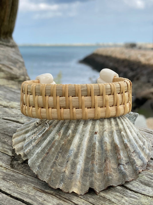 3/4” Spiral Weave Cuff with Scallop Shell End Caps - Nantucket Basket Bracelet