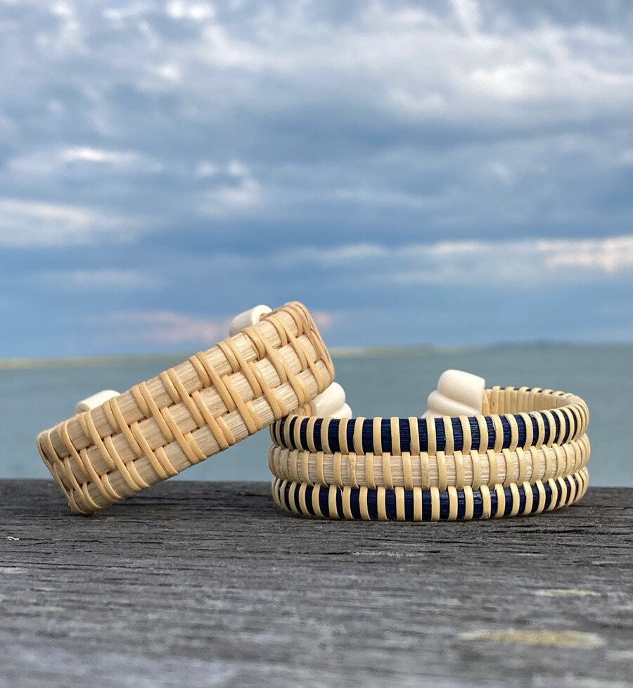 3/4” Spiral Weave Cuff with Scallop Shell End Caps - Nantucket Basket Bracelet