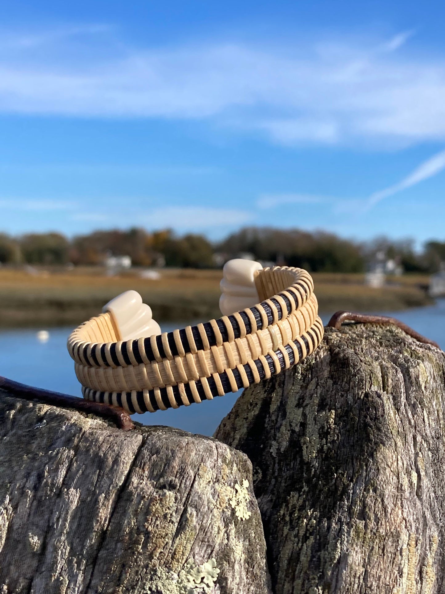 3/4” Scallop Shell Cuff with Navy or Black Stripes - Nantucket Basket Bracelet with End Caps