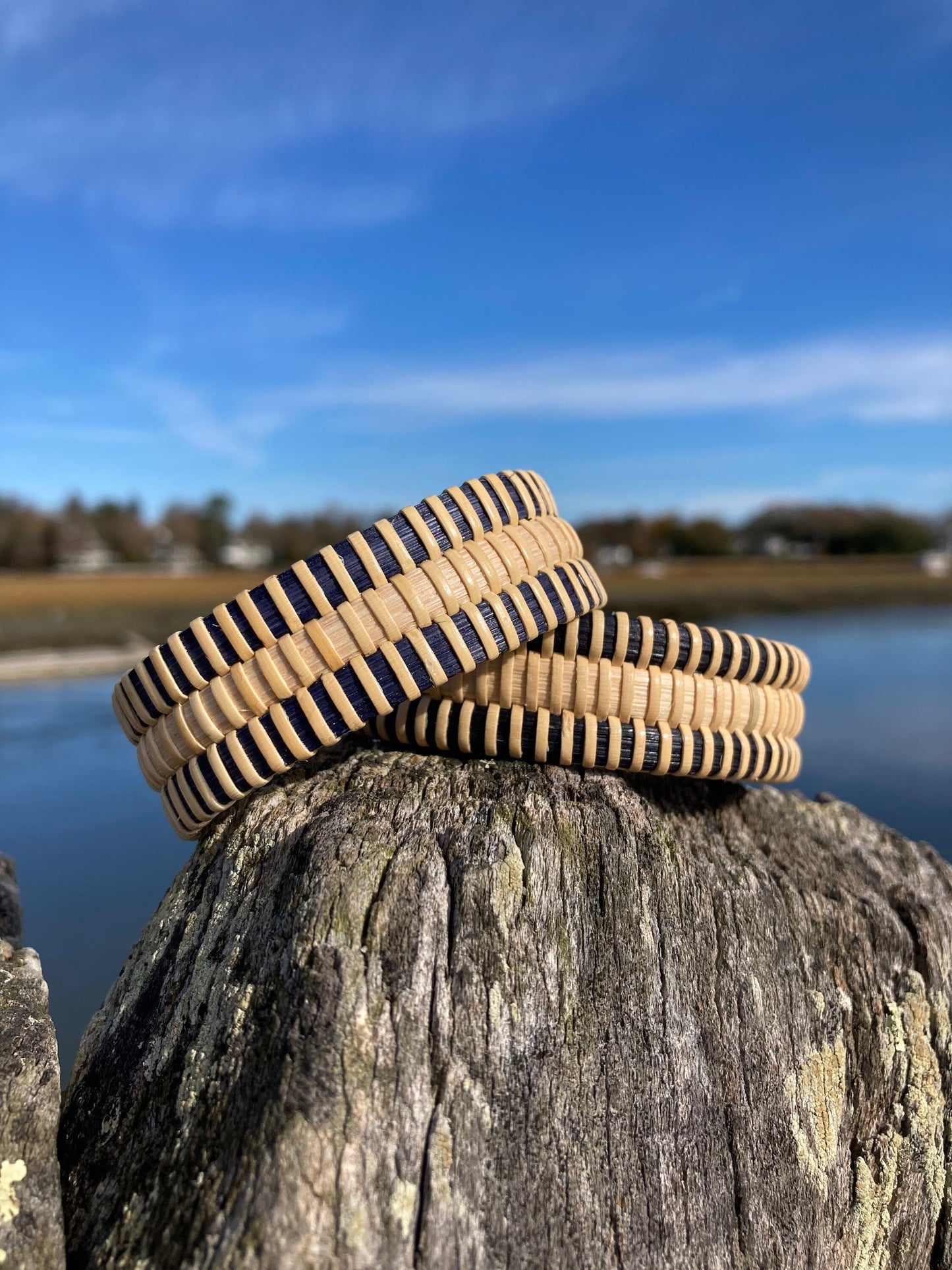 3/4” Scallop Shell Cuff with Navy or Black Stripes - Nantucket Basket Bracelet with End Caps
