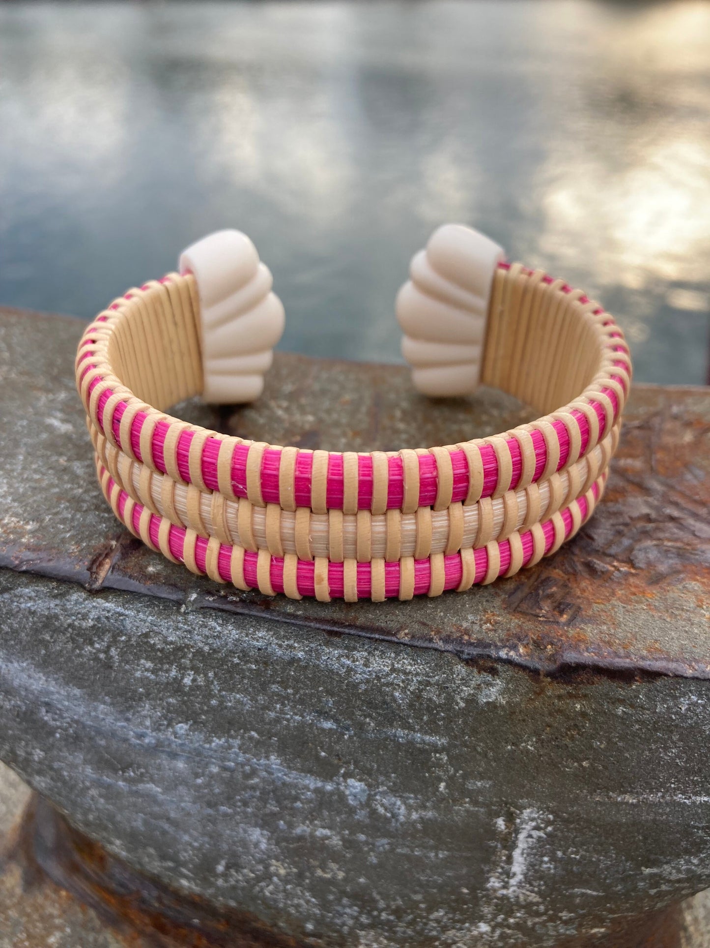 3/4” Scallop Shell Cuff with Navy or Black Stripes - Nantucket Basket Bracelet with End Caps