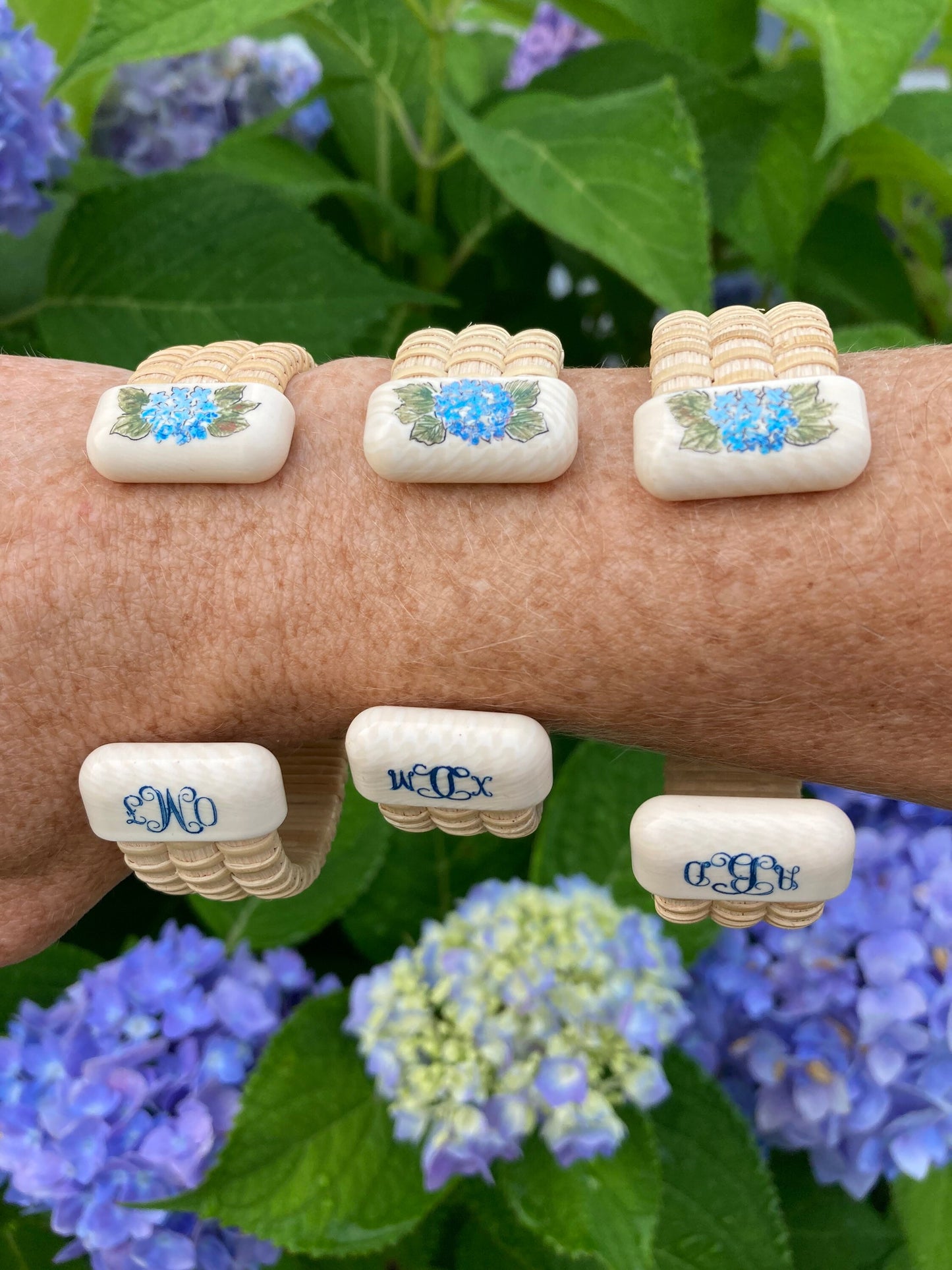 3/4” Hydrangea Scrimshaw and Monogram on Eco-Ivory - Nantucket Basket Bracelet