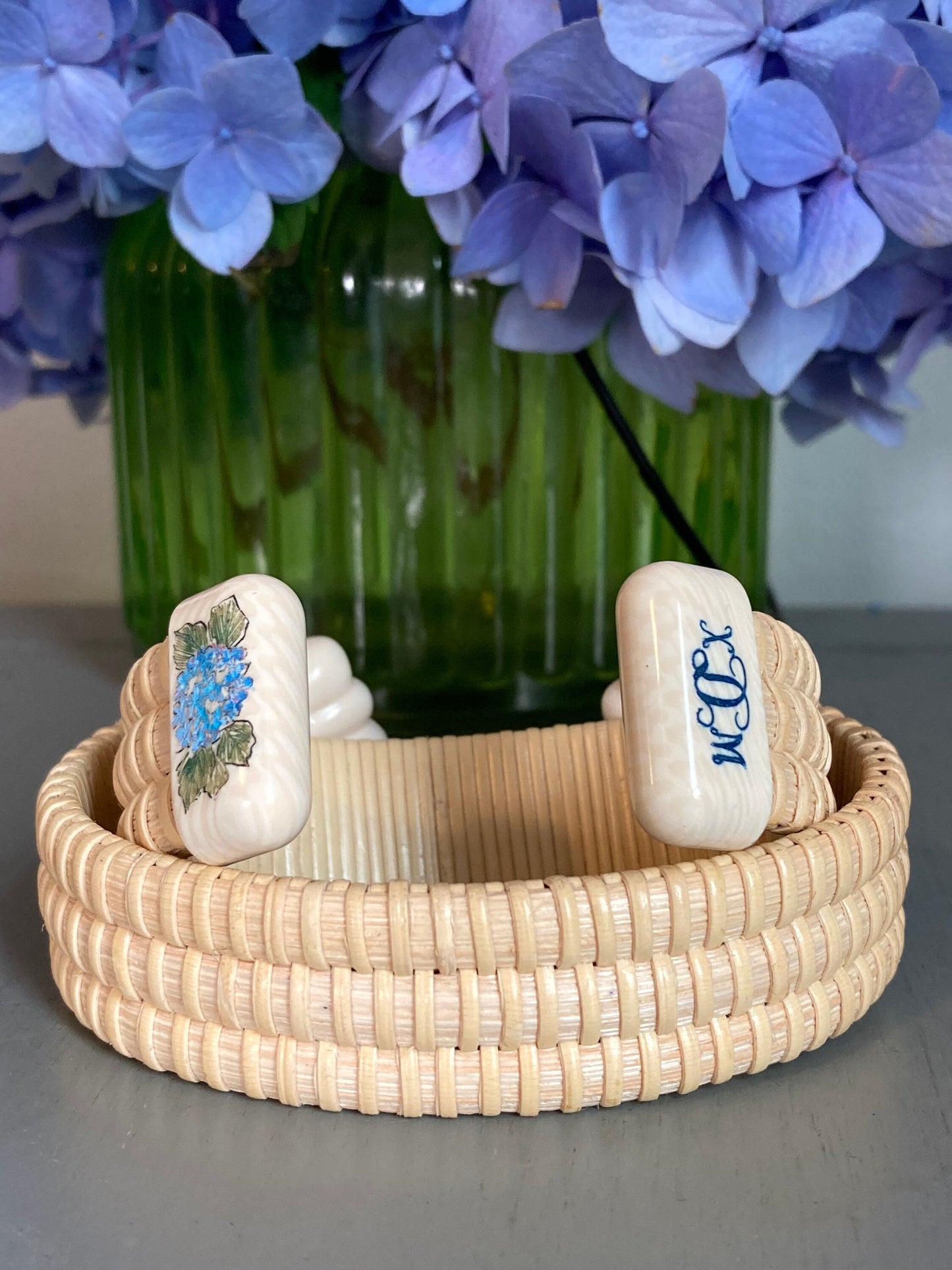 3/4” Hydrangea Scrimshaw and Monogram on Eco-Ivory - Nantucket Basket Bracelet