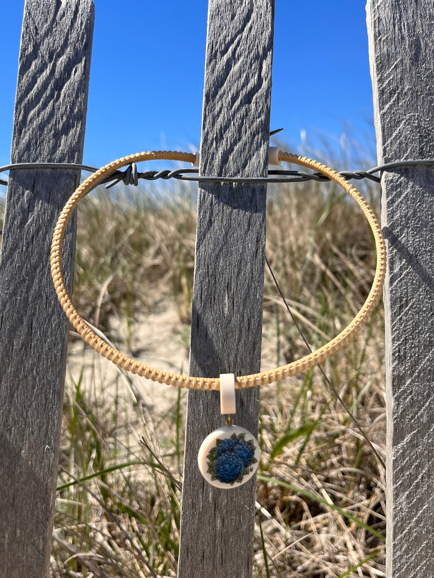 Nantucket Necklace with hydrangea scrimshaw