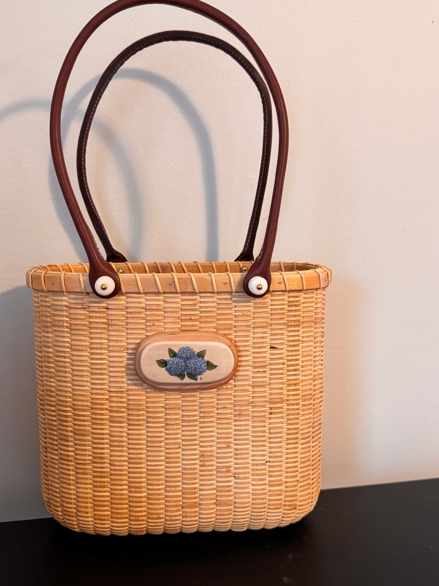 Nantucket Lightship Tote - Tupper with Hydrangea Scrimshaw or whale carving