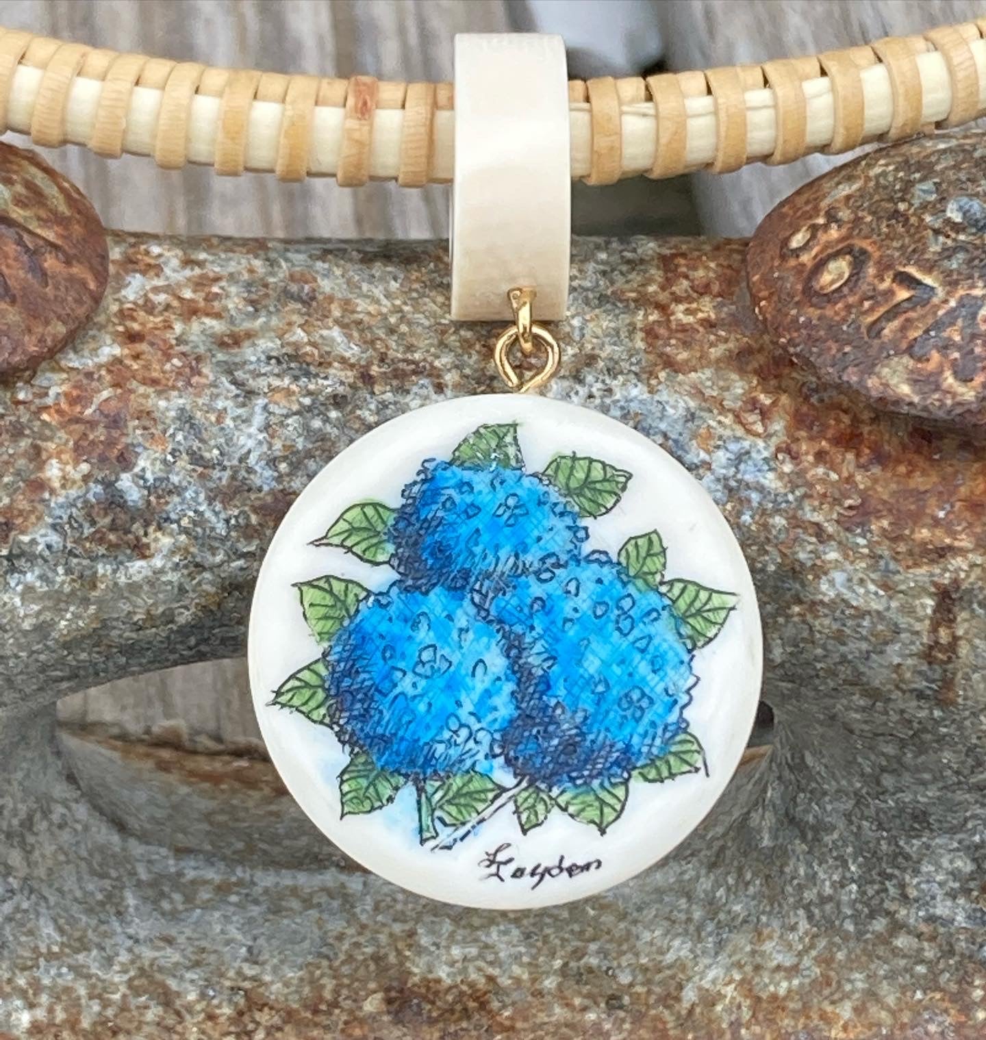 Nantucket Necklace with hydrangea scrimshaw