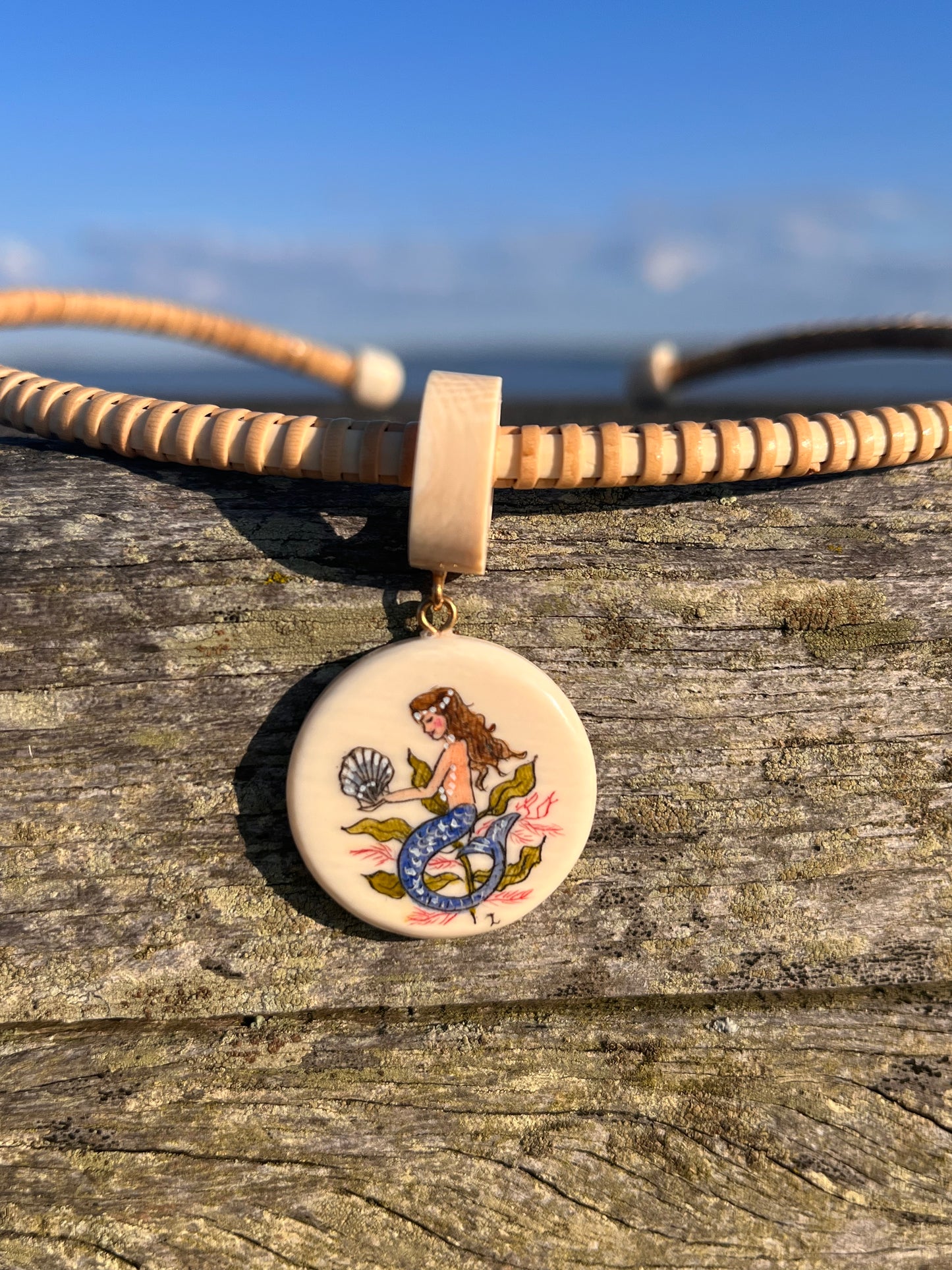 Nantucket Necklace with Mermaid Scrimshaw Ivory Pendant