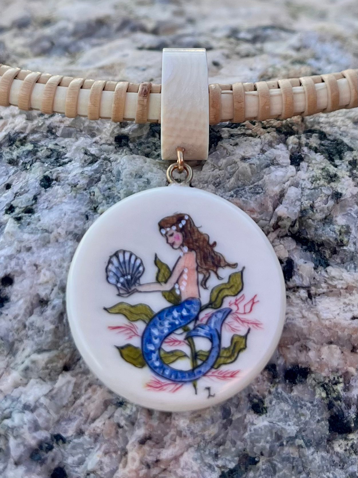 Nantucket Necklace with Mermaid Scrimshaw Ivory Pendant