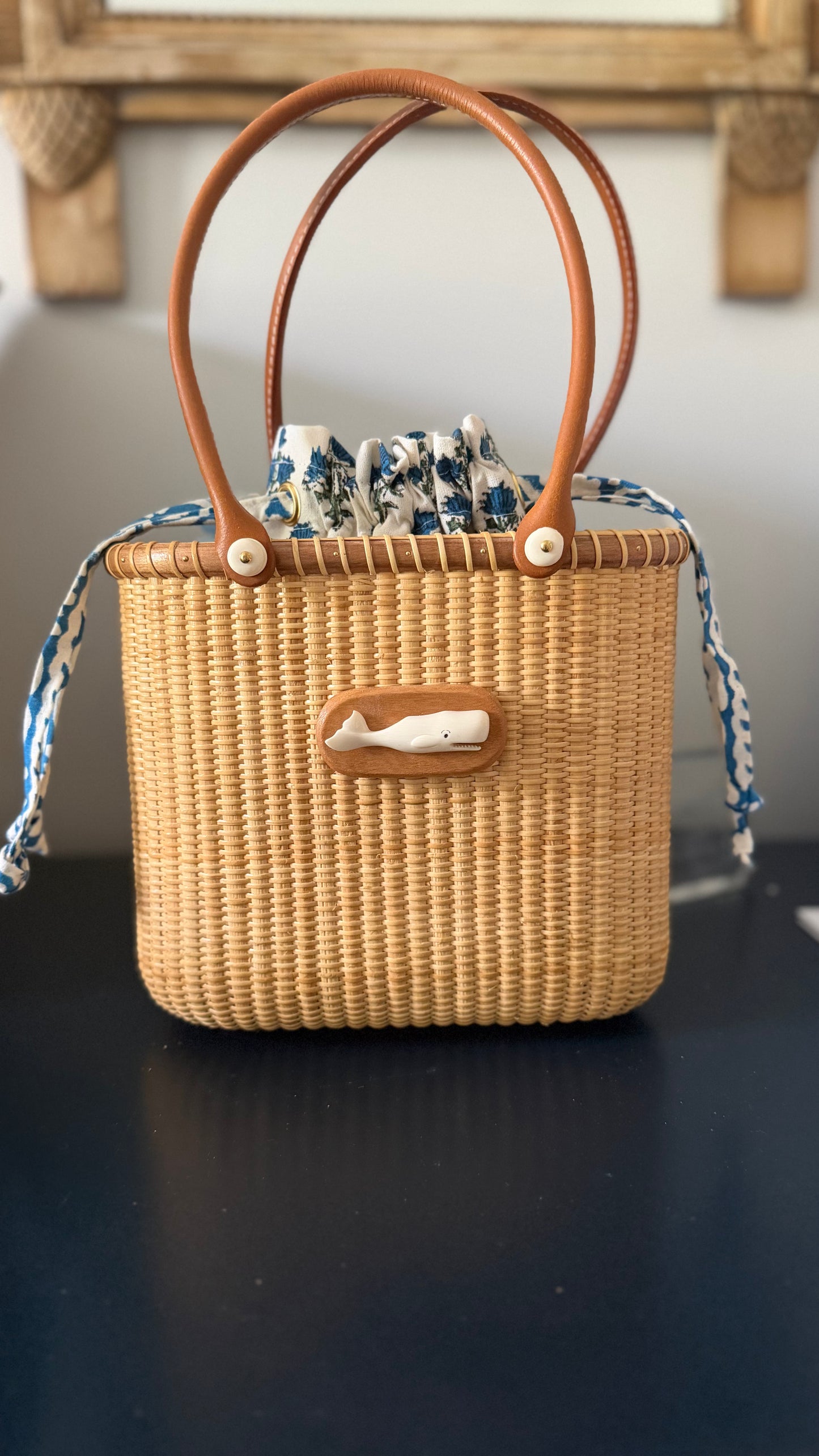 Nantucket Lightship Tote - Tupper with Hydrangea Scrimshaw or whale carving