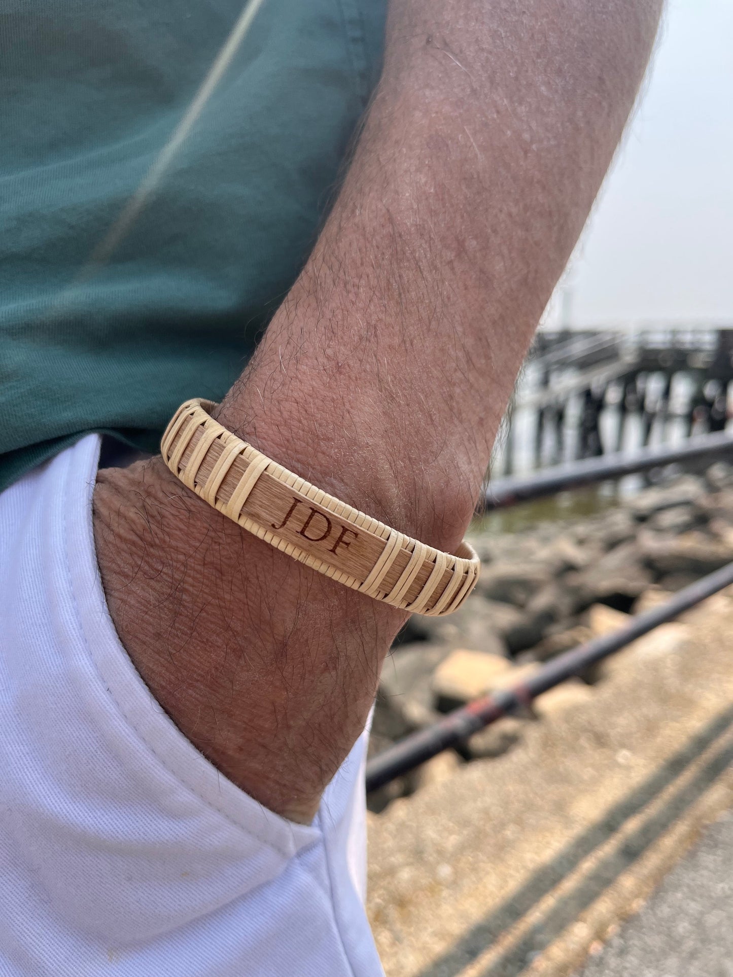 1/2" Knockabout Cuff - Laser Engraved - Cherry Wood Overlay and End Caps -Nantucket Lightship Basket